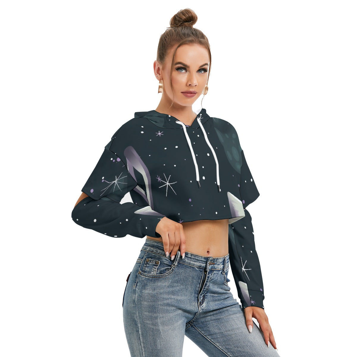 All-Over Print Women's Heavy Fleece Hoodie With Hollow Out Sleeve