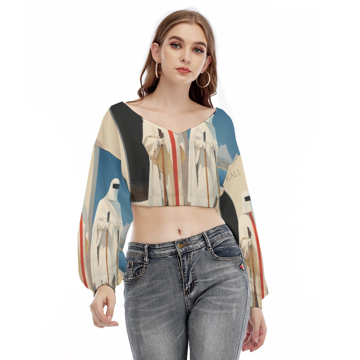 All-Over Print Women's V-neck Long Sleeve Cropped Sweatshirt