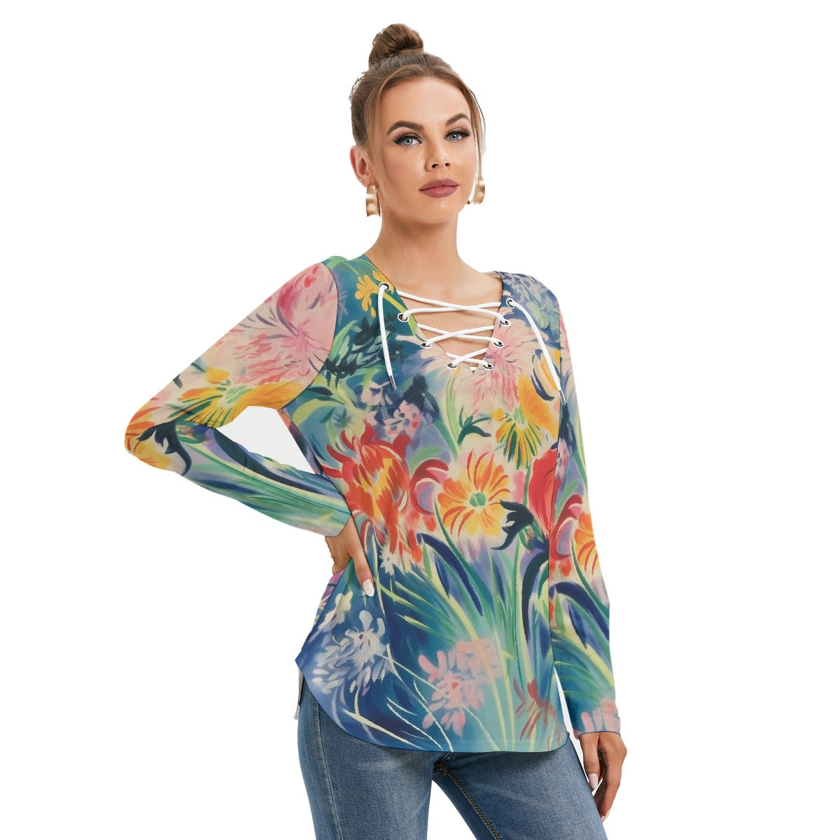 All-Over Print Women's Long Sleeve Neckline Tie Sweatshirt