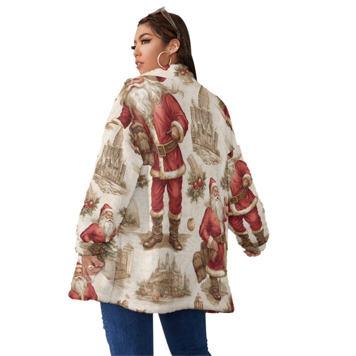 All-Over Print Unisex Borg Fleece Stand-up Collar Coat With Zipper Closure(Plus Size)