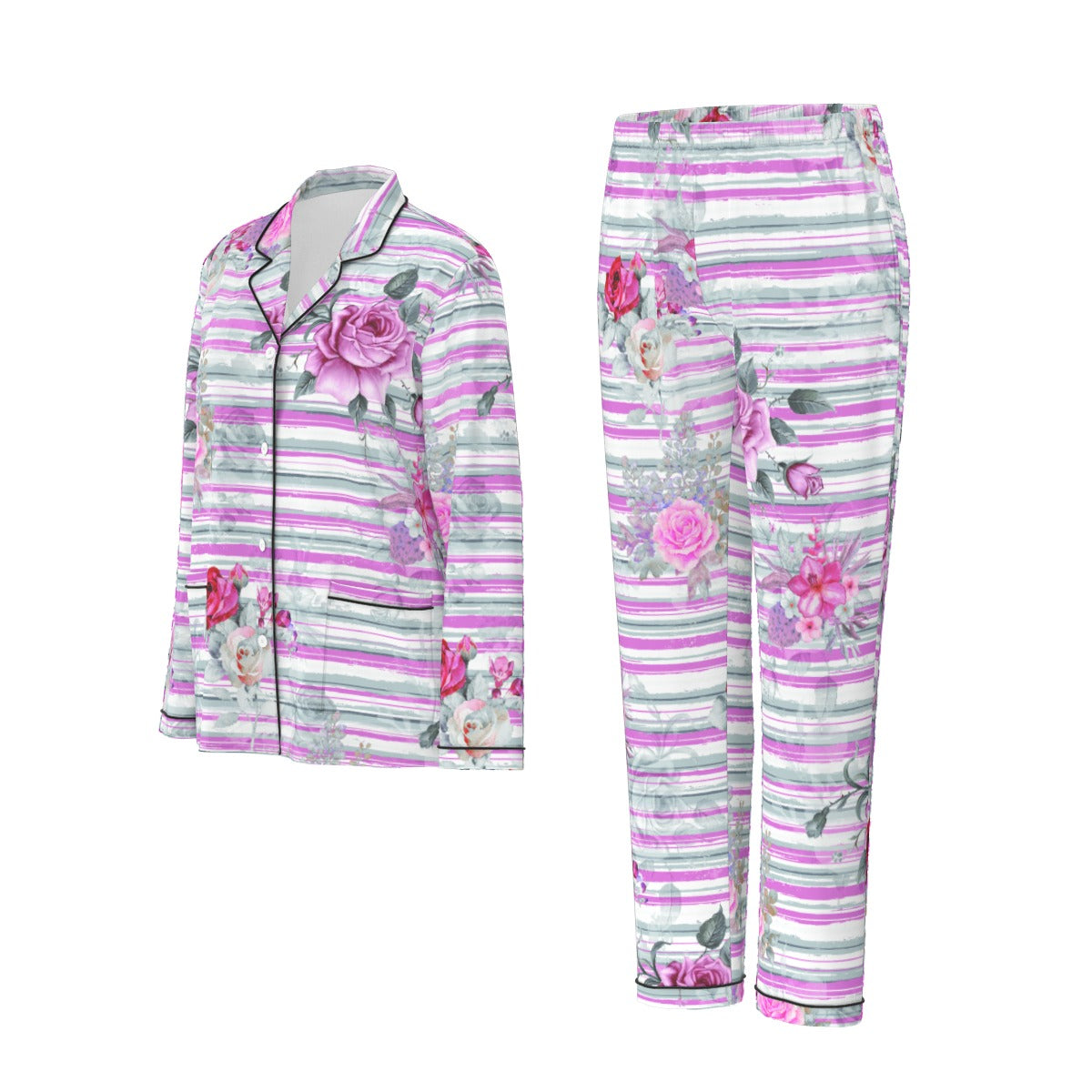 All-Over Print Women's Long Sleeve Pajama Set With Black Contrast Piping