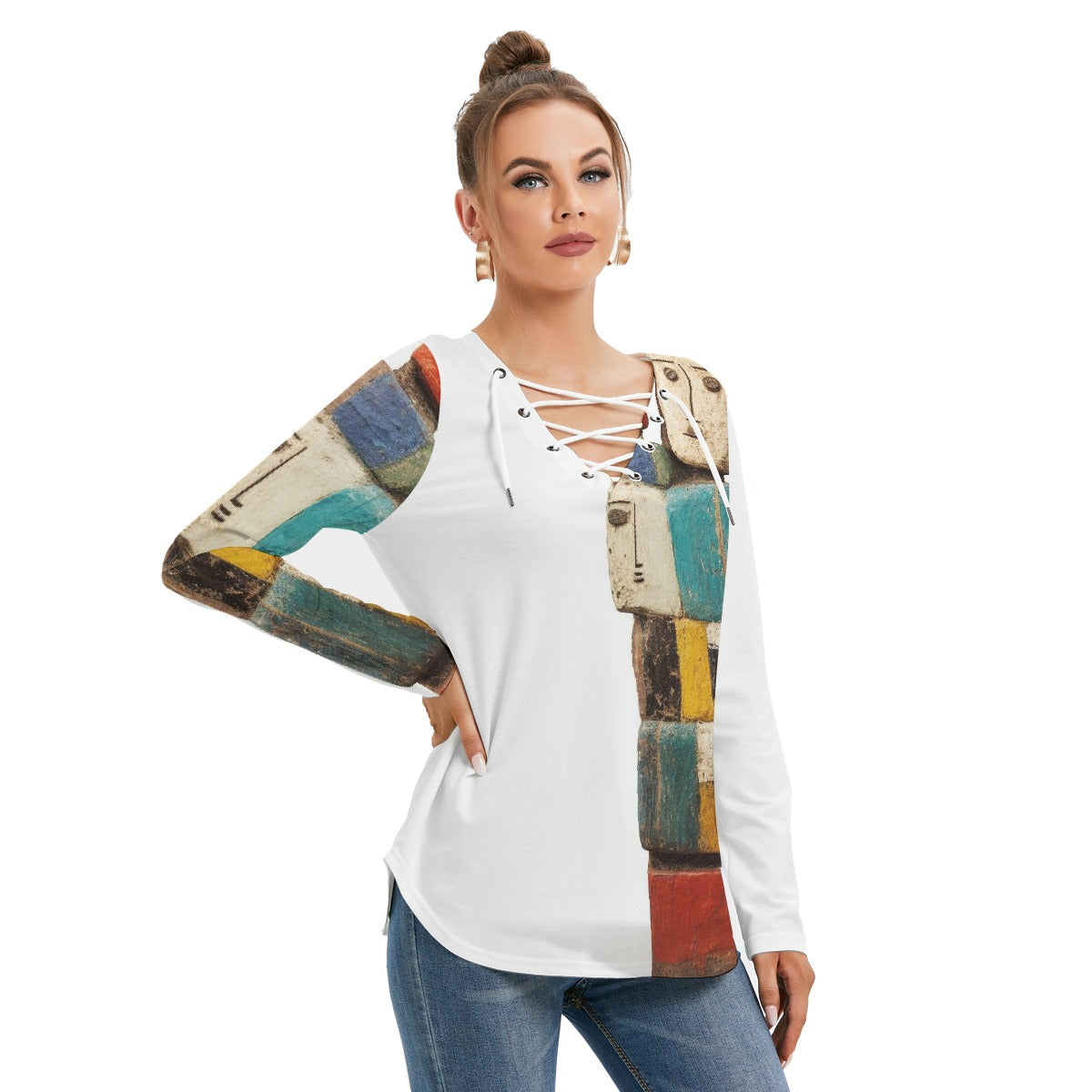 All-Over Print Women's Long Sleeve Neckline Tie Sweatshirt