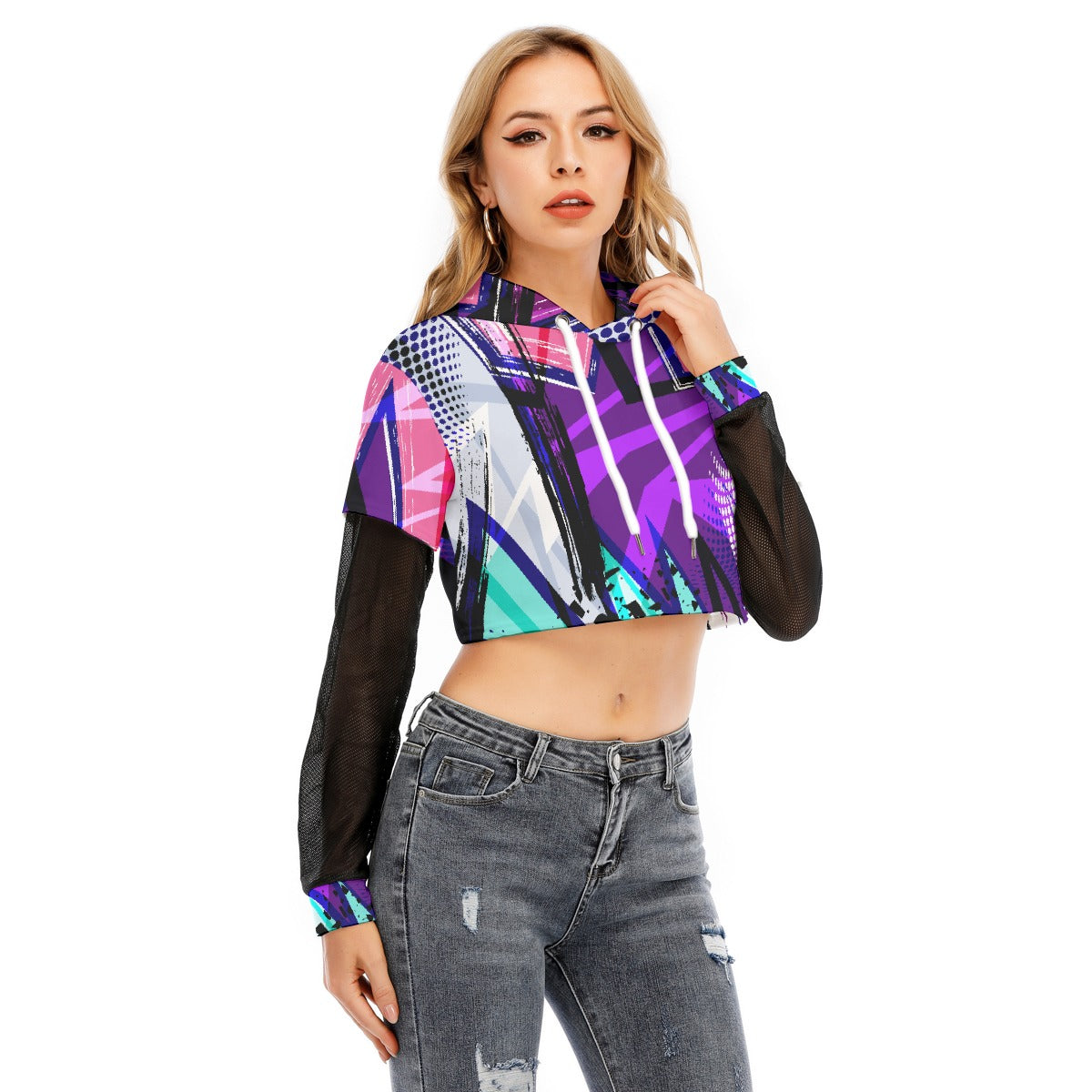 All-Over Print Women's Fake Two-piece Mesh Sleeve Cropped Hoodie