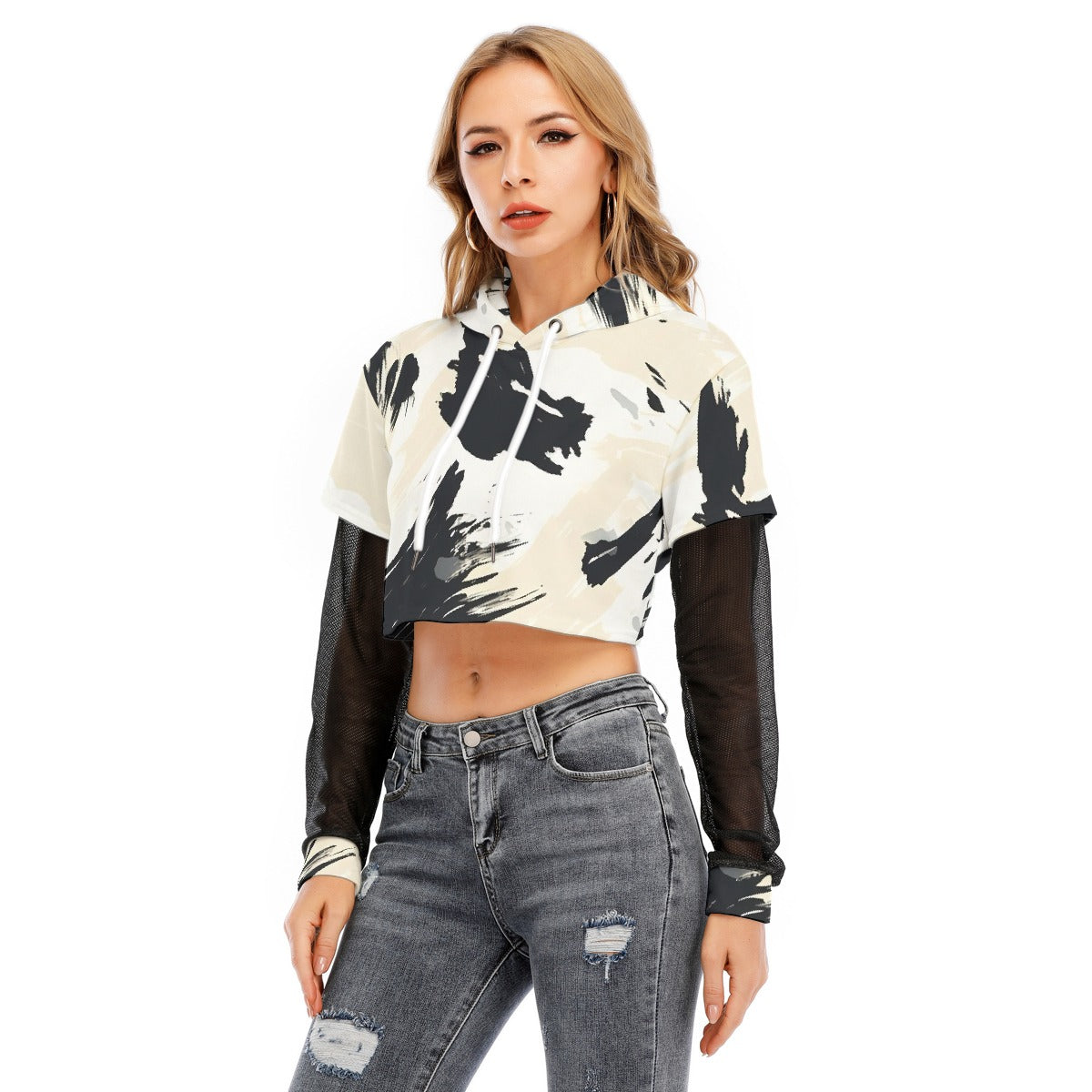 All-Over Print Women's Fake Two-piece Mesh Sleeve Cropped Hoodie