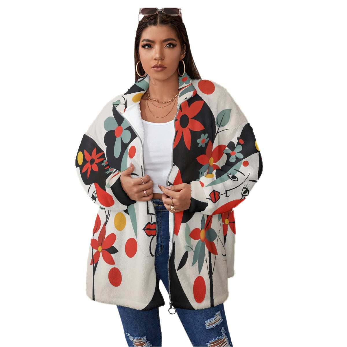 All-Over Print Unisex Borg Fleece Stand-up Collar Coat With Zipper Closure(Plus Size)