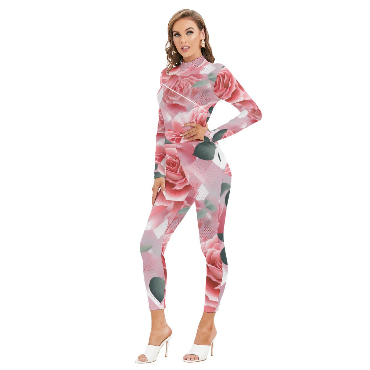 All-Over Print Women's Long-sleeved High-neck Jumpsuit With Zipper