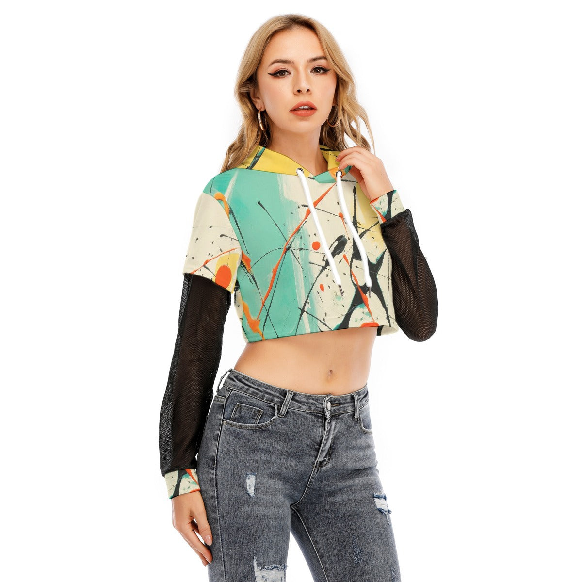 All-Over Print Women's Fake Two-piece Mesh Sleeve Cropped Hoodie