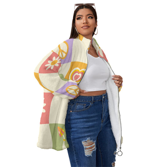 All-Over Print Unisex Borg Fleece Stand-up Collar Coat With Zipper Closure(Plus Size)