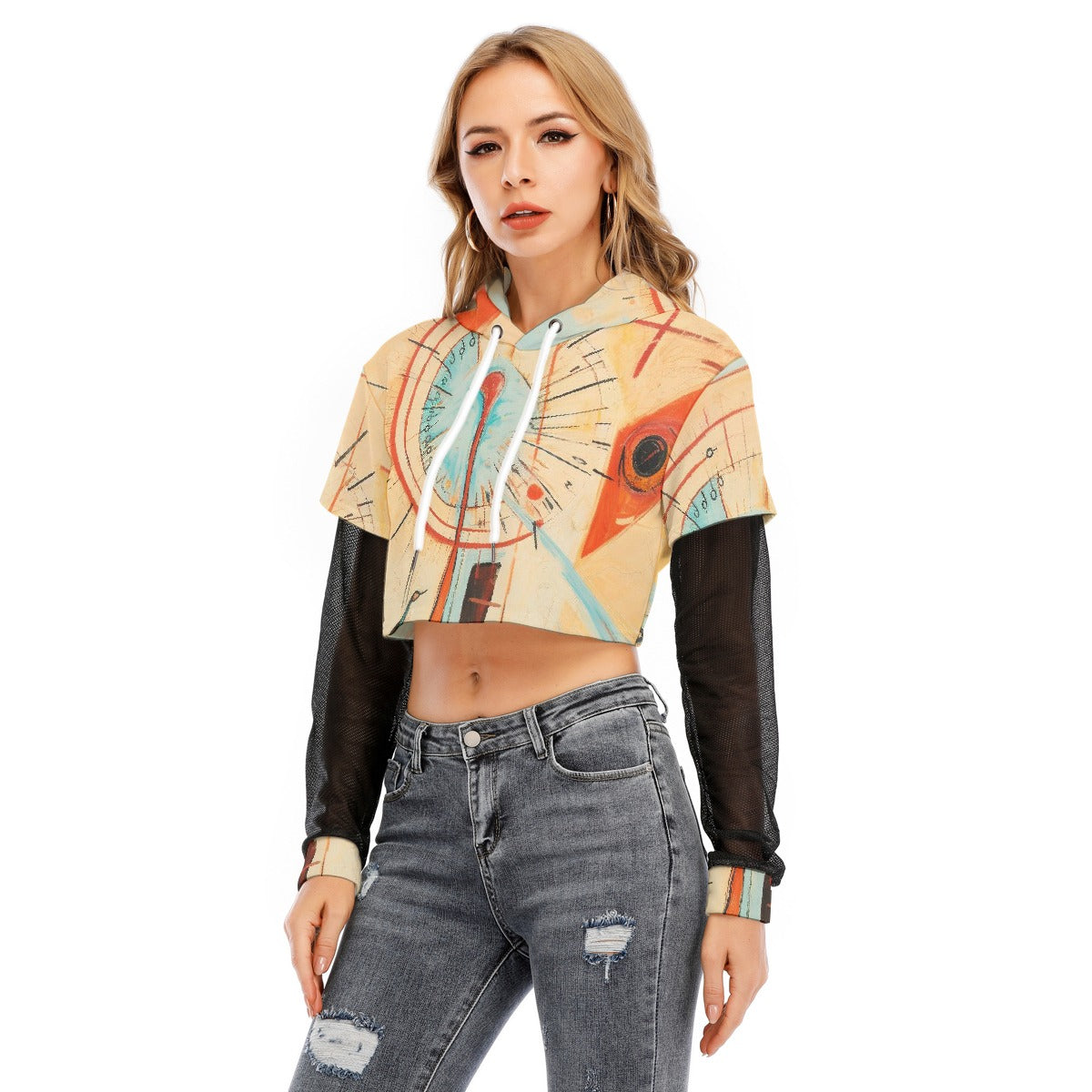 All-Over Print Women's Fake Two-piece Mesh Sleeve Cropped Hoodie