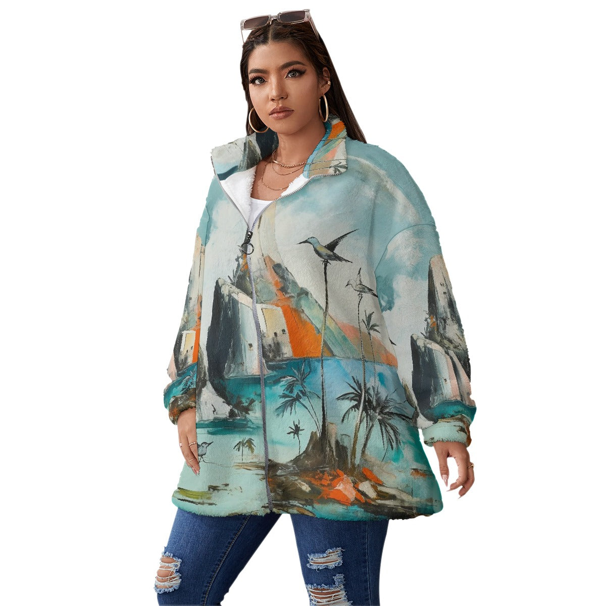 All-Over Print Unisex Borg Fleece Stand-up Collar Coat With Zipper Closure(Plus Size)