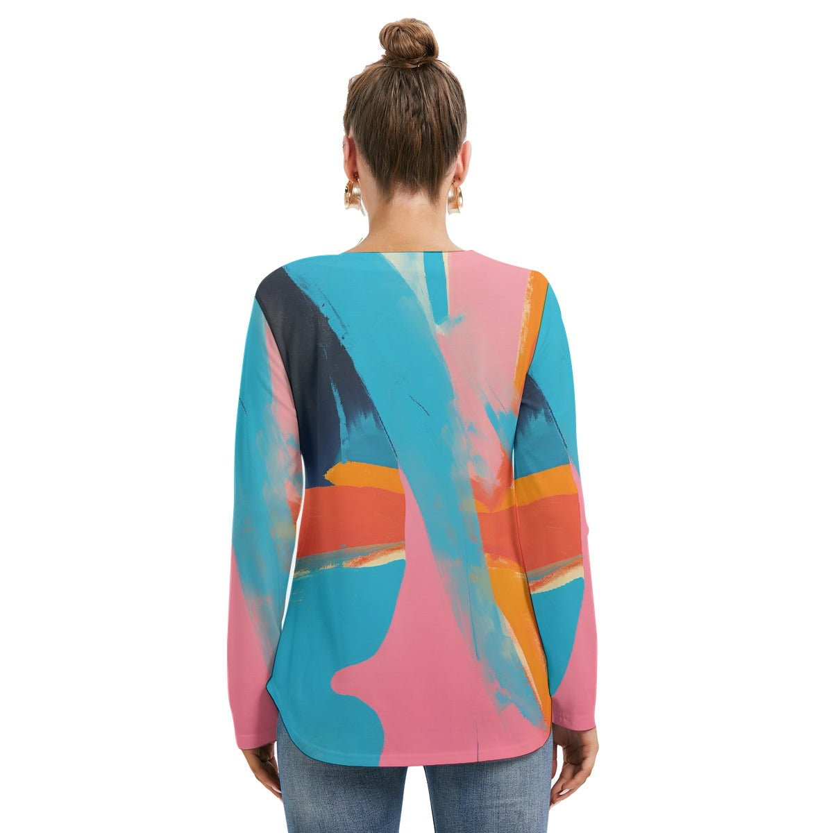 All-Over Print Women's Long Sleeve Neckline Tie Sweatshirt