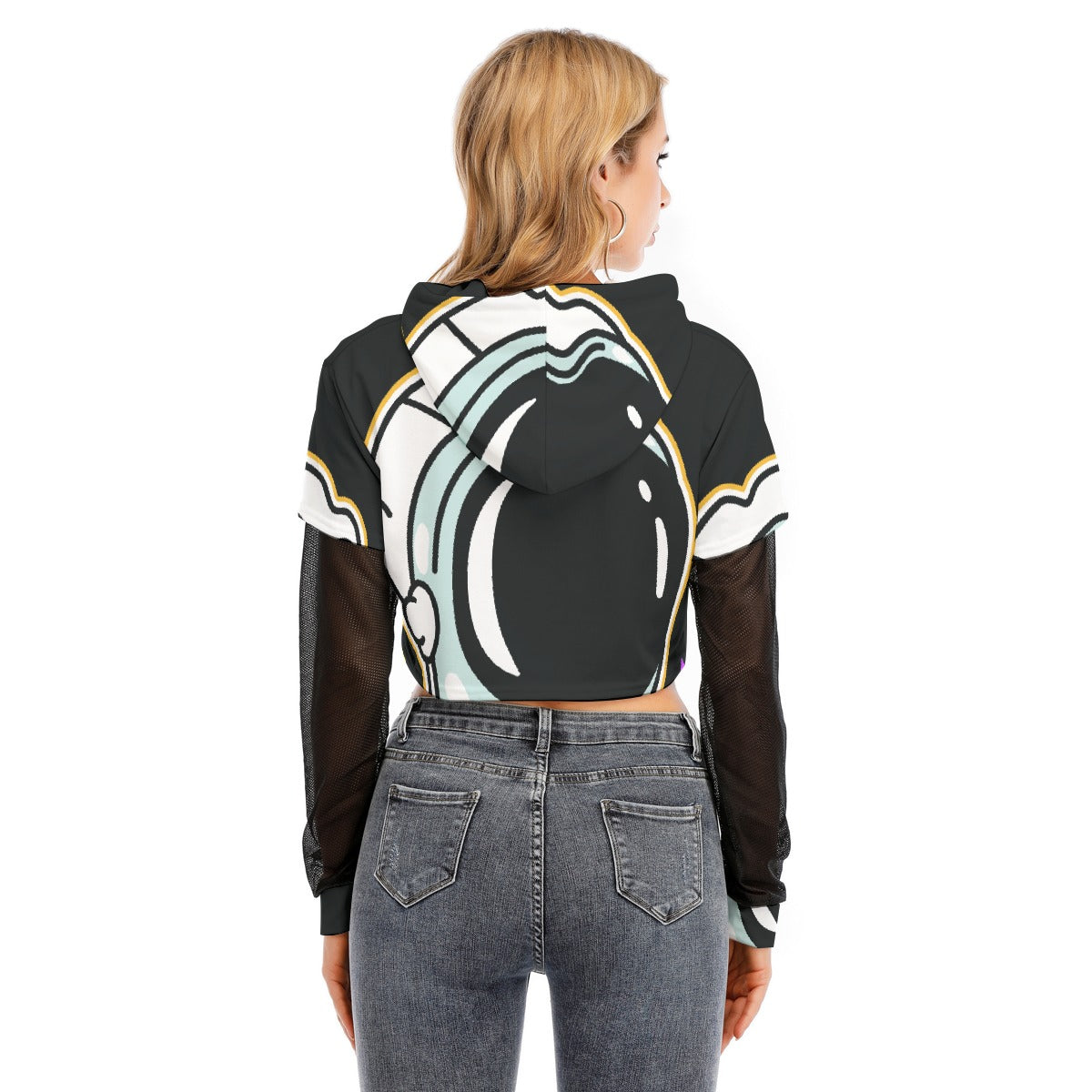 All-Over Print Women's Fake Two-piece Mesh Sleeve Cropped Hoodie