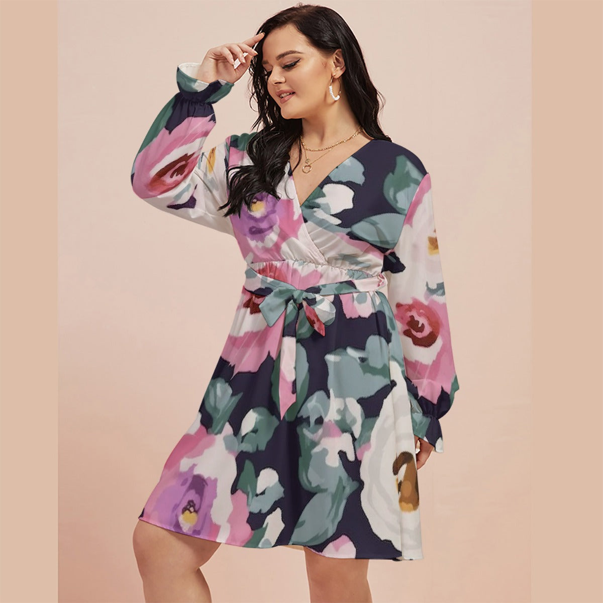 All-Over Print Women's V-neck Dress With Waistband(Plus Size)