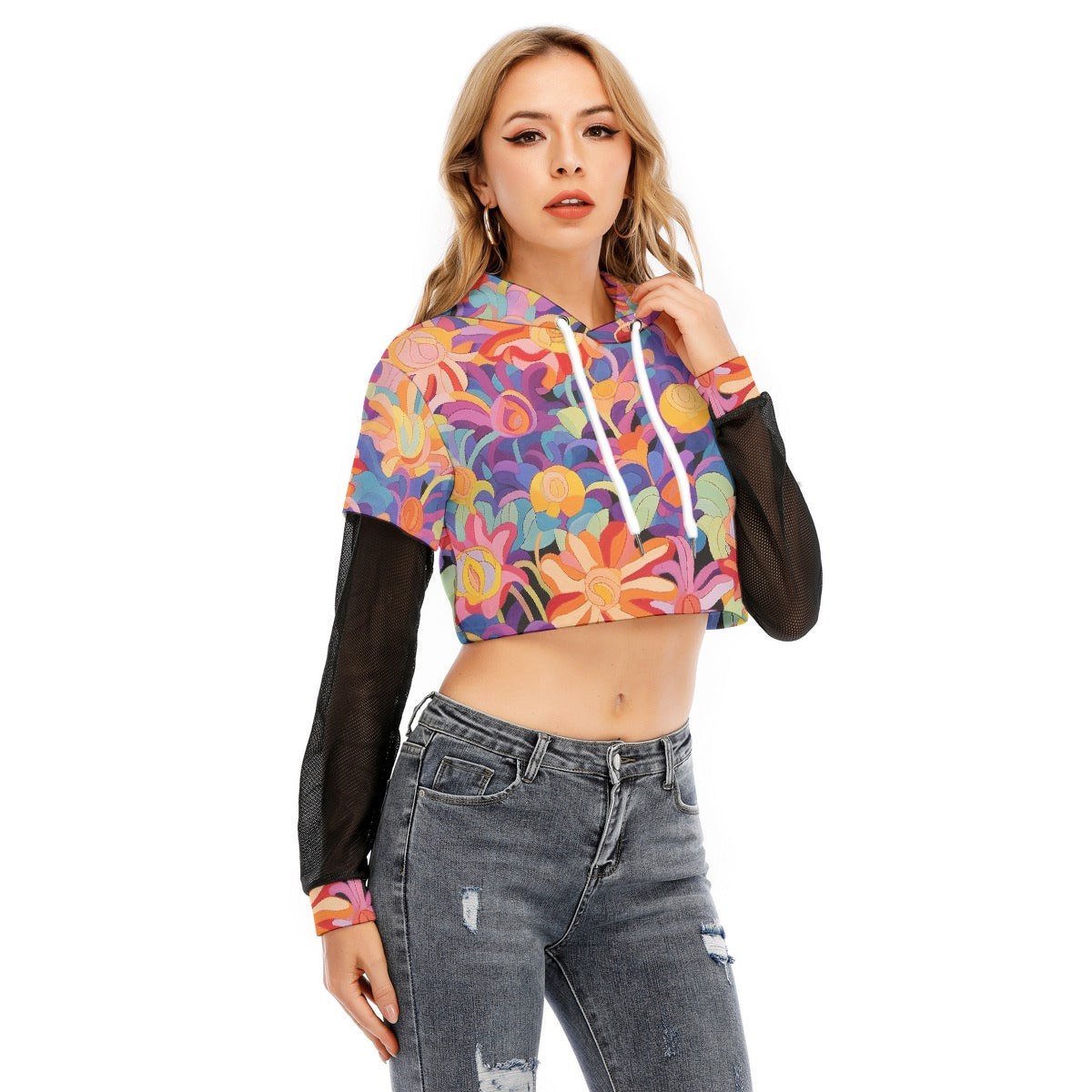 All-Over Print Women's Fake Two-piece Mesh Sleeve Cropped Hoodie