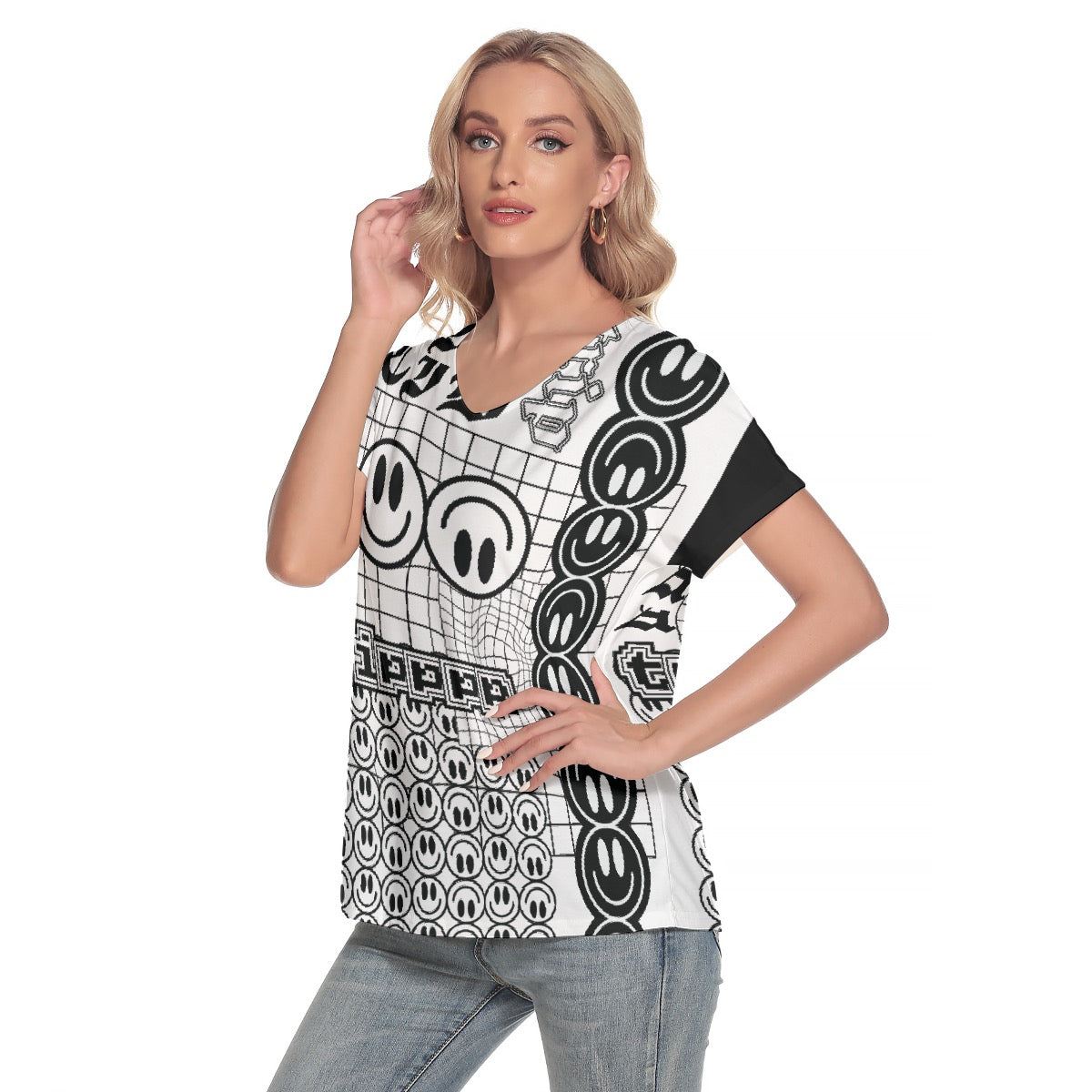 All-Over Print Women's Loose V-neck Short Sleeve T-shirt