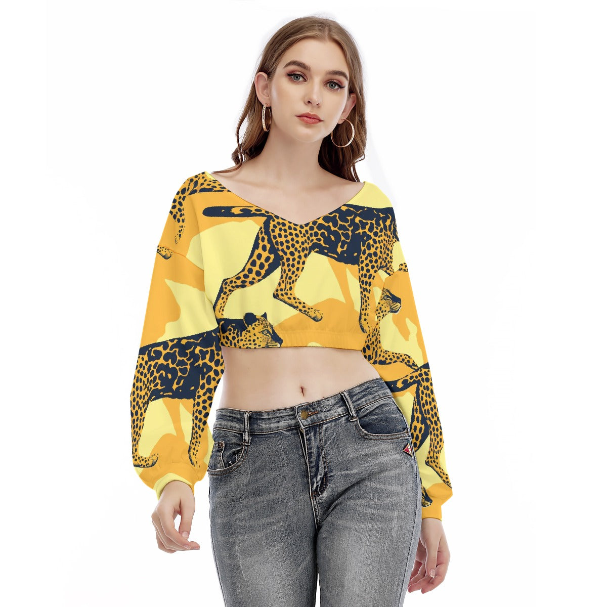All-Over Print Women's V-neck Long Sleeve Cropped Sweatshirt