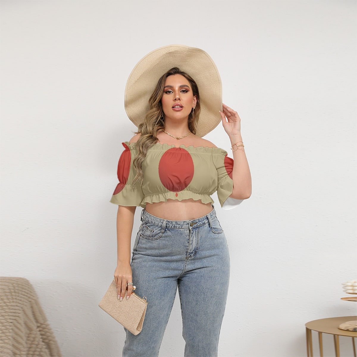 All-Over Print Women's Off-shoulder Cropped Top With Short Puff Sleeve