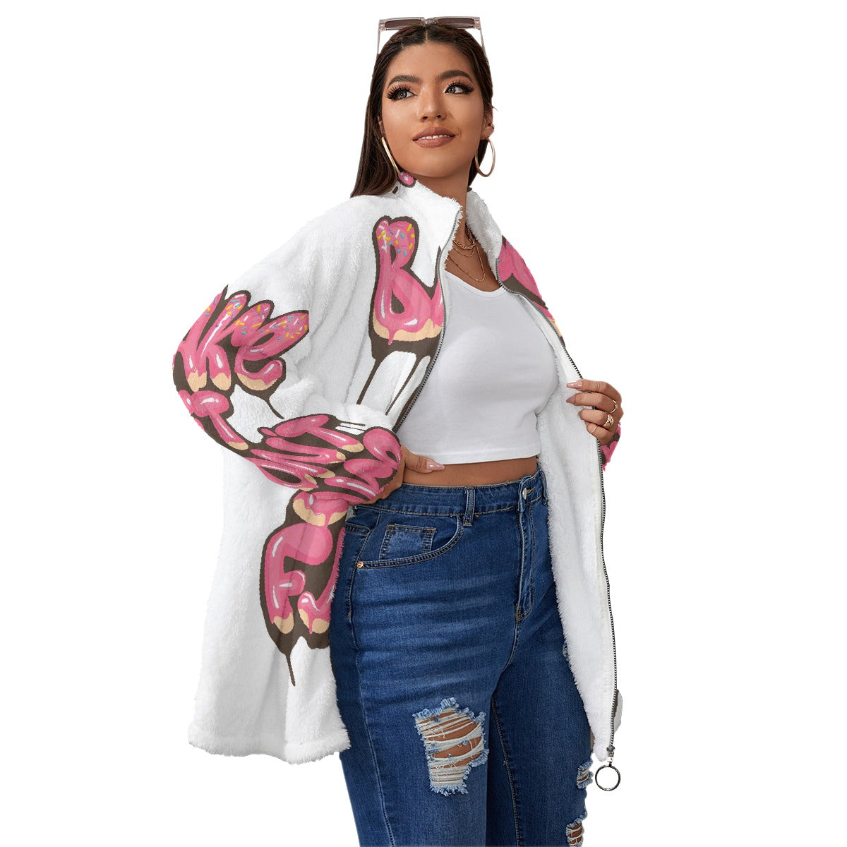 All-Over Print Unisex Borg Fleece Stand-up Collar Coat With Zipper Closure(Plus Size)