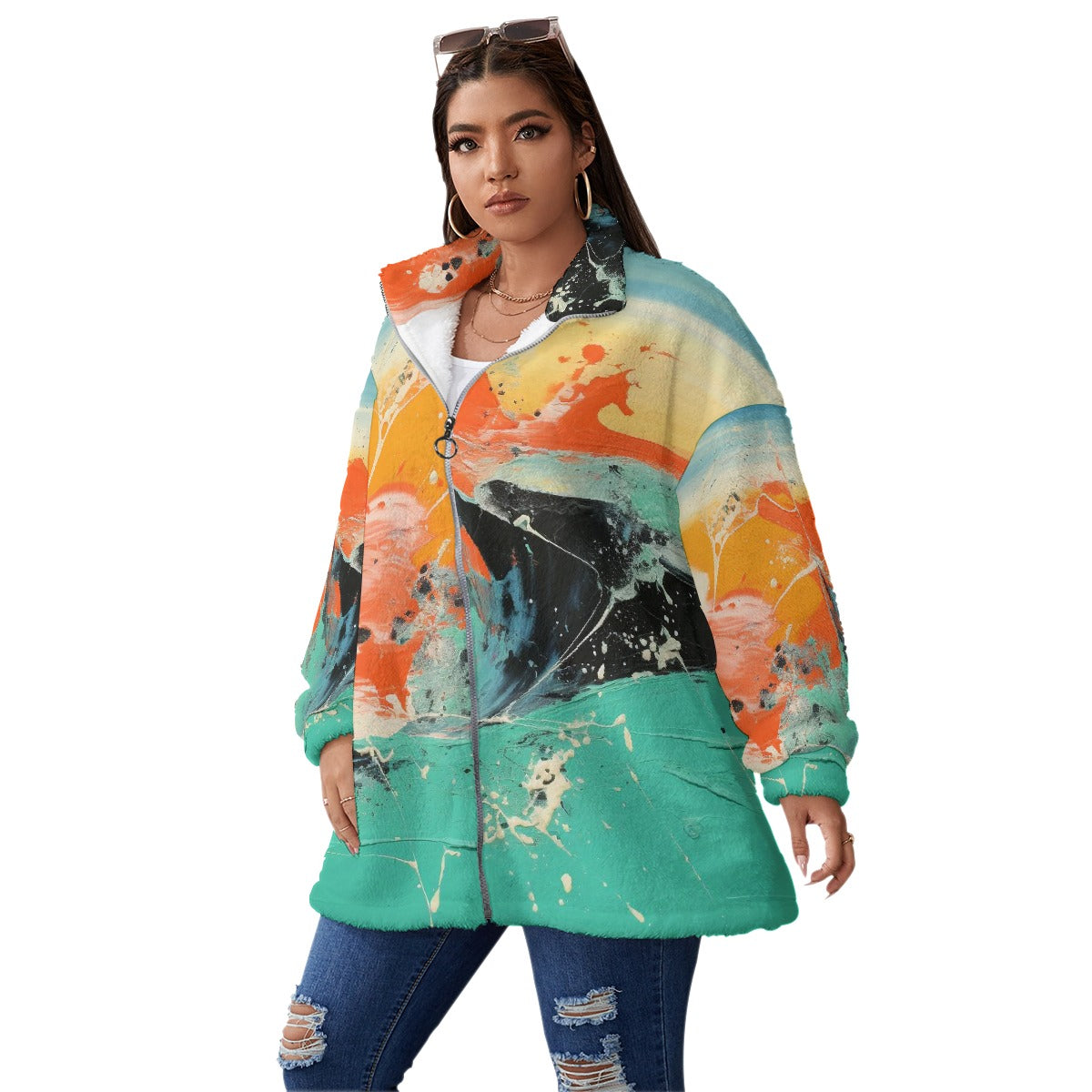 All-Over Print Unisex Borg Fleece Stand-up Collar Coat With Zipper Closure(Plus Size)