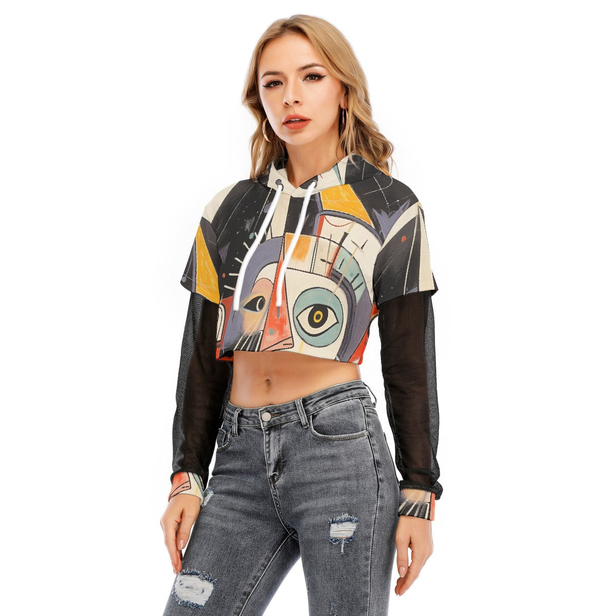 All-Over Print Women's Fake Two-piece Mesh Sleeve Cropped Hoodie