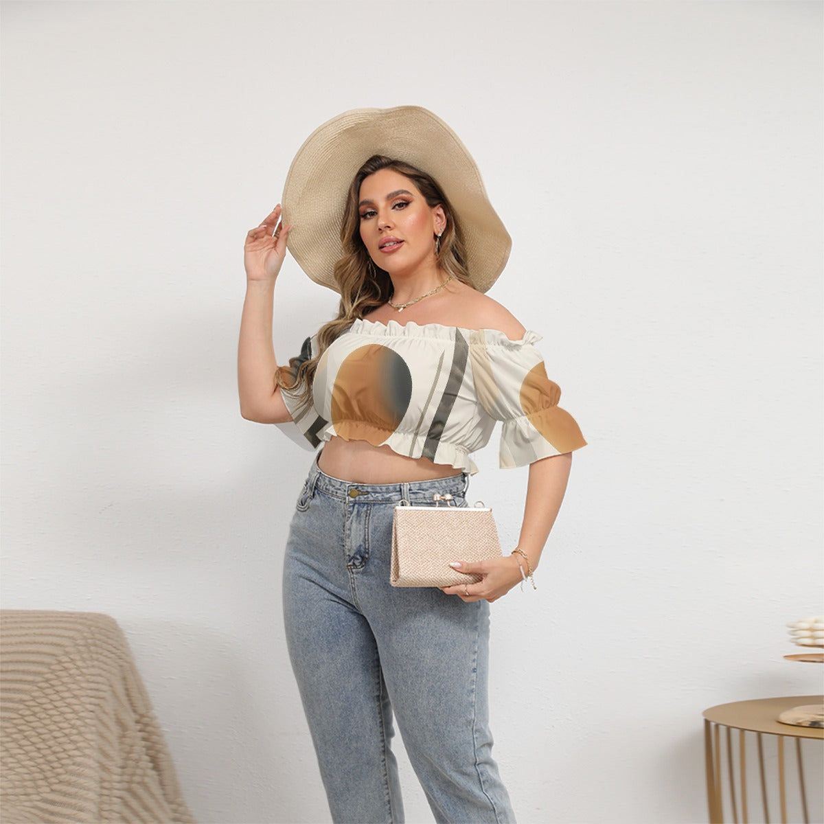 All-Over Print Women's Off-shoulder Cropped Top With Short Puff Sleeve