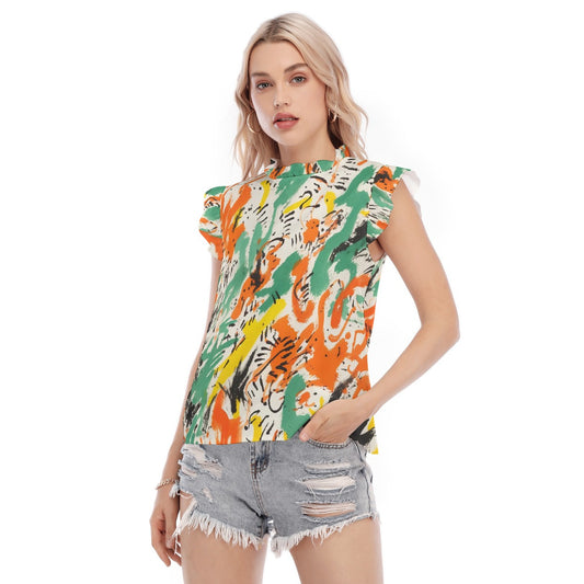 All-Over Print Women's Blouse With Ruffle Collar And Sleeve