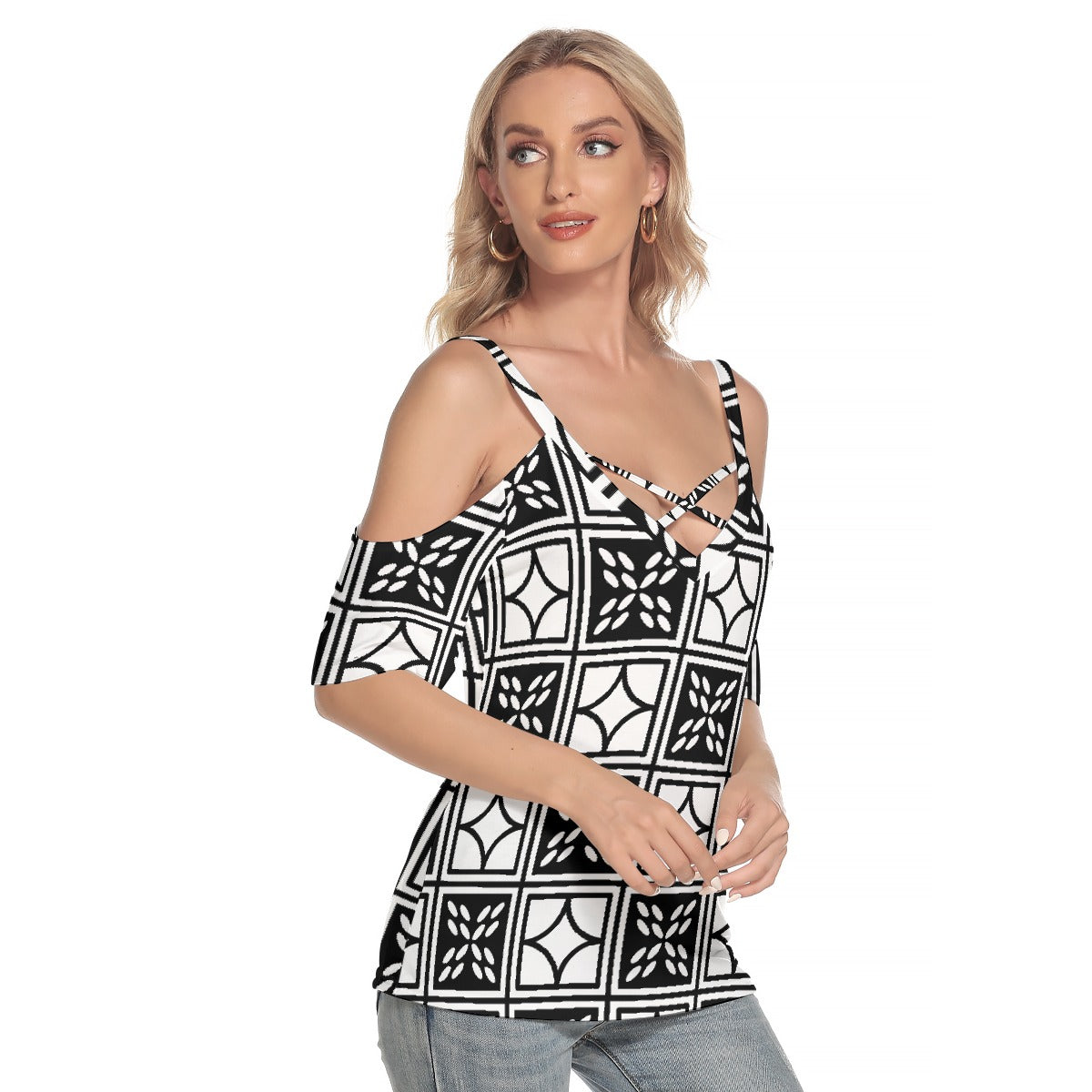All-Over Print Women's Cold Shoulder T-shirt With Criss Cross Strips