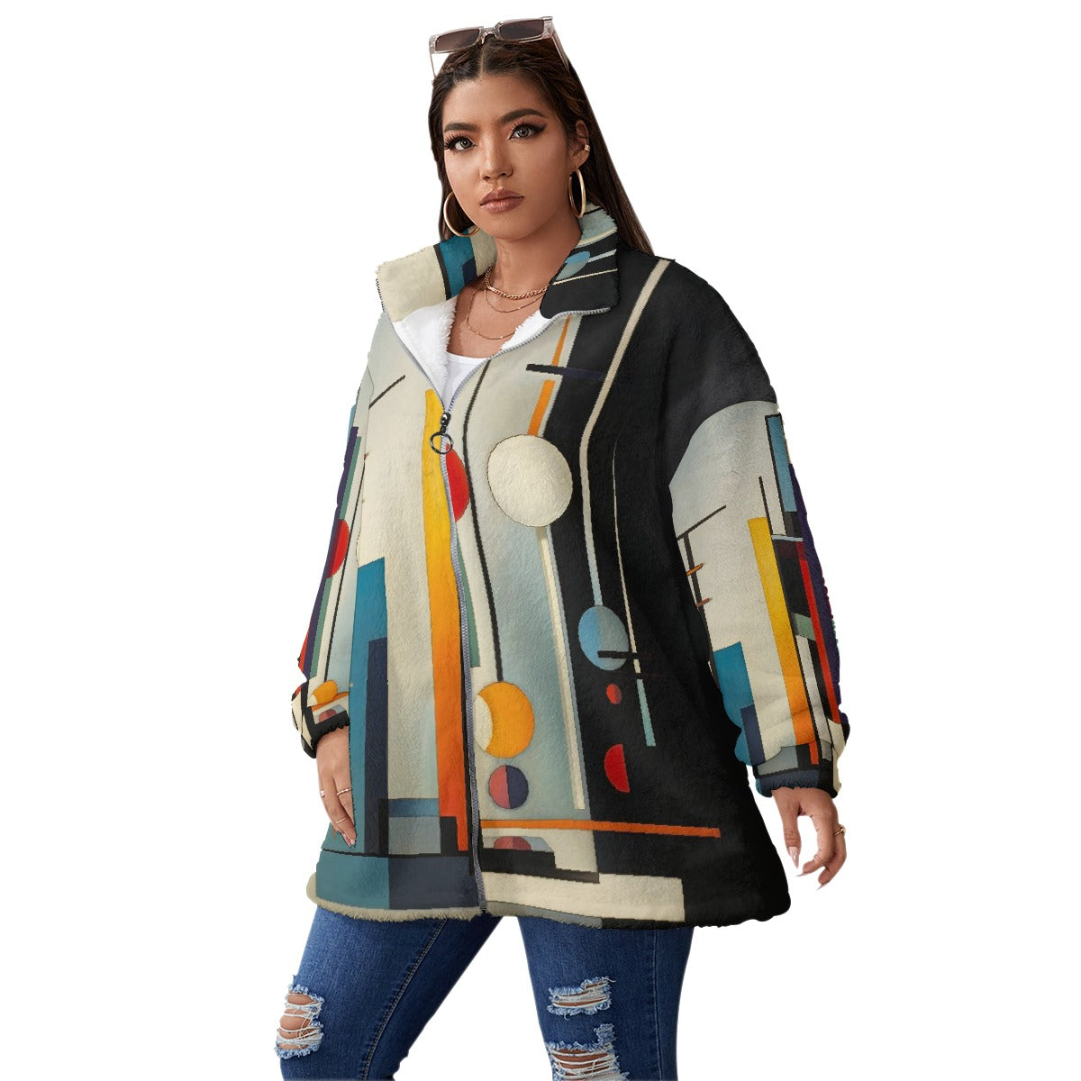 All-Over Print Unisex Borg Fleece Stand-up Collar Coat With Zipper Closure(Plus Size)