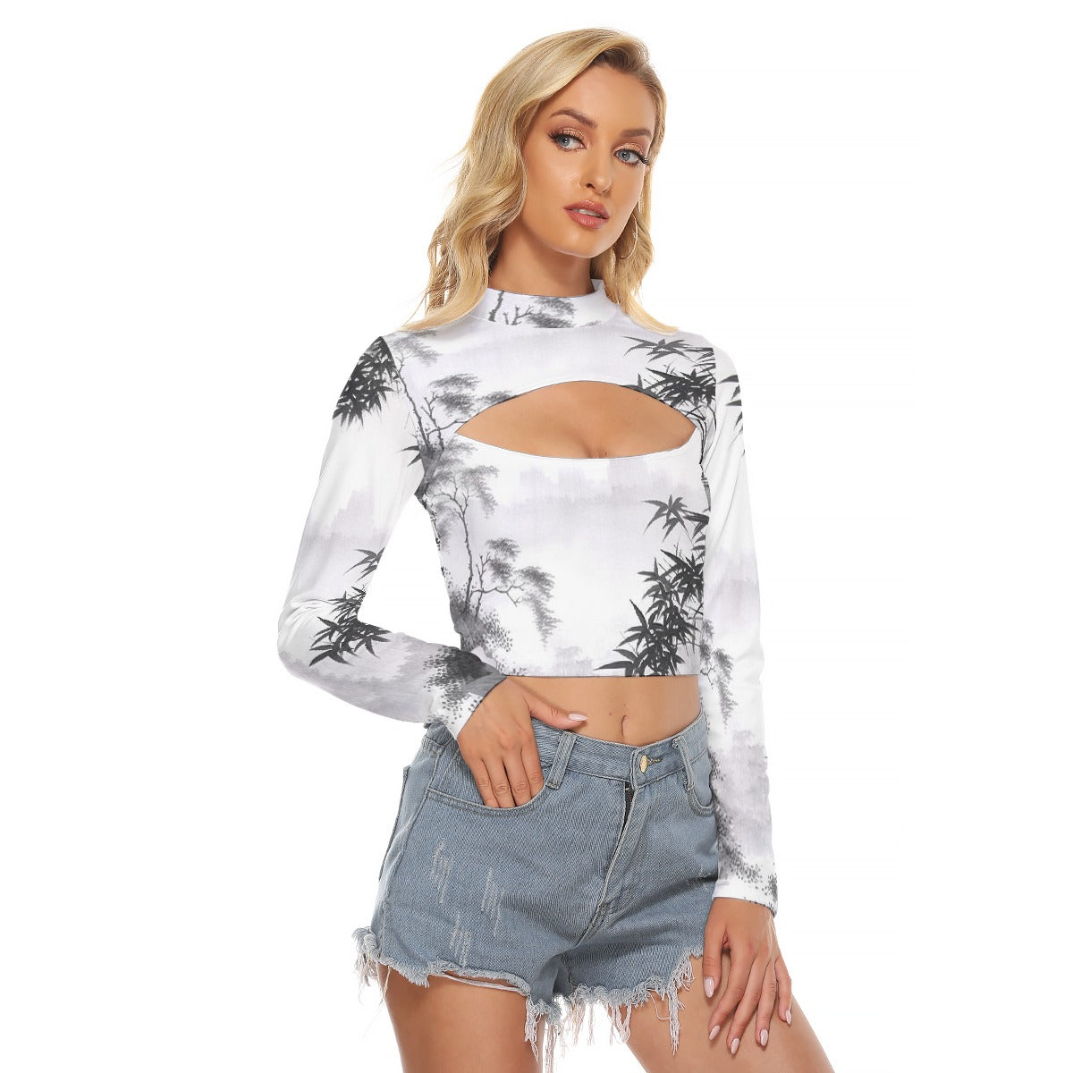 All-Over Print Women's Hollow Chest Keyhole Tight Crop Top