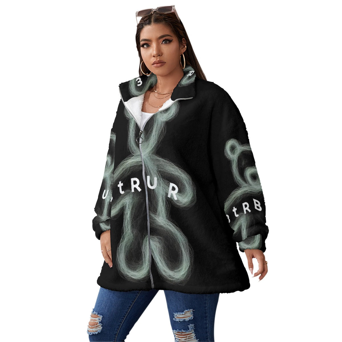 All-Over Print Unisex Borg Fleece Stand-up Collar Coat With Zipper Closure(Plus Size)