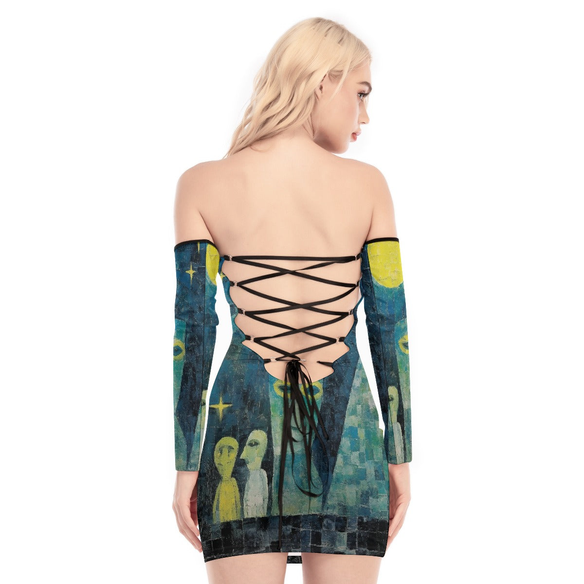 All-Over Print Women's Off-shoulder Back Lace-up Dress