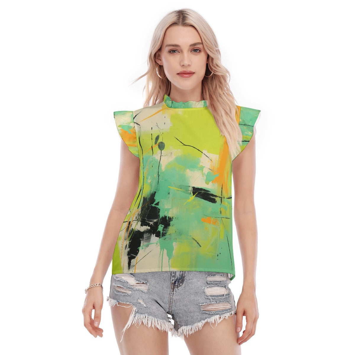 All-Over Print Women's Blouse With Ruffle Collar And Sleeve