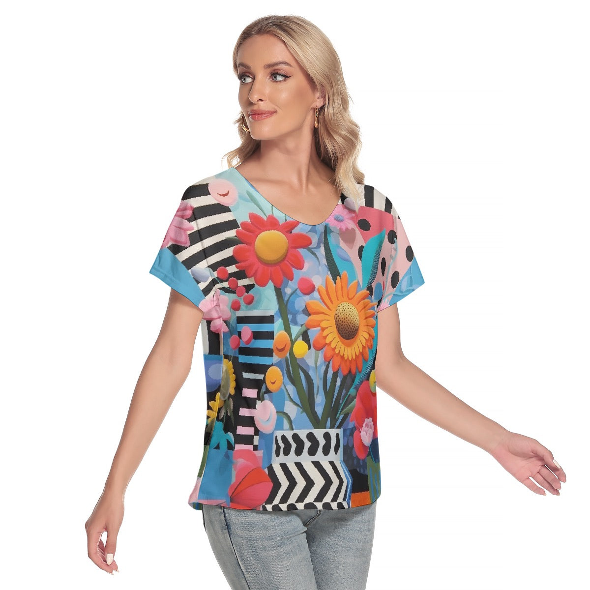 All-Over Print Women's Loose V-neck Short Sleeve T-shirt
