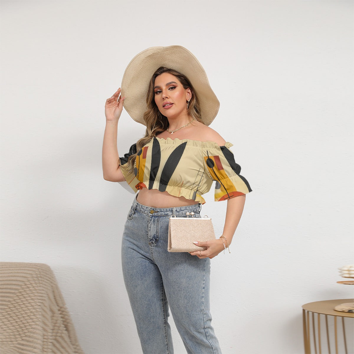 All-Over Print Women's Off-shoulder Cropped Top With Short Puff Sleeve