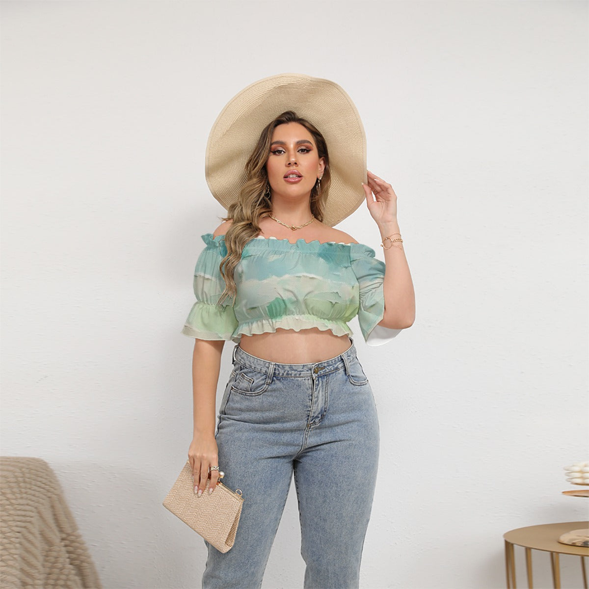 All-Over Print Women's Off-shoulder Cropped Top With Short Puff Sleeve