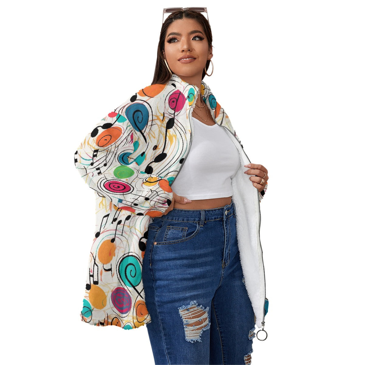 All-Over Print Unisex Borg Fleece Stand-up Collar Coat With Zipper Closure(Plus Size)