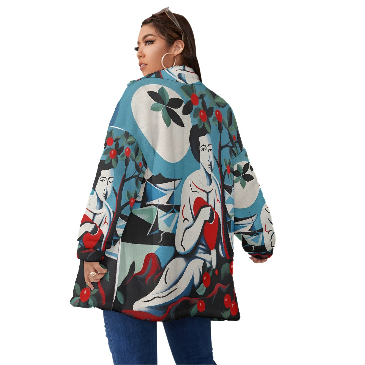 All-Over Print Unisex Borg Fleece Stand-up Collar Coat With Zipper Closure(Plus Size)