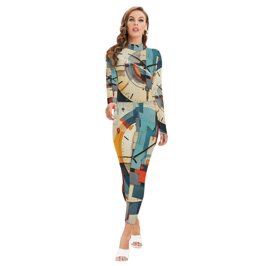 All-Over Print Women's Long-sleeved High-neck Jumpsuit With Zipper