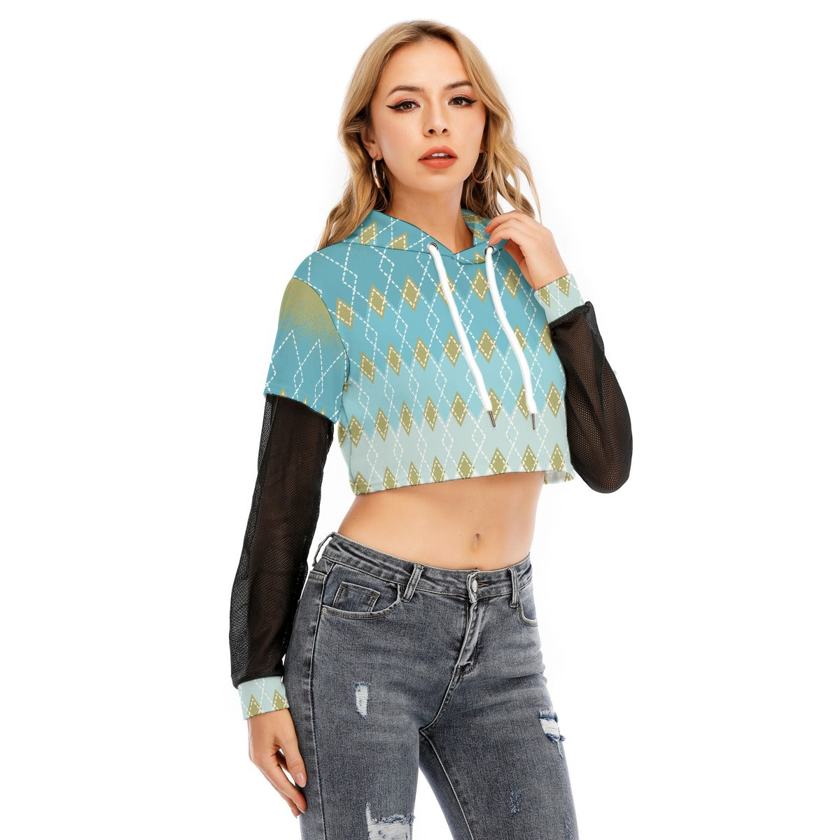 All-Over Print Women's Fake Two-piece Mesh Sleeve Cropped Hoodie