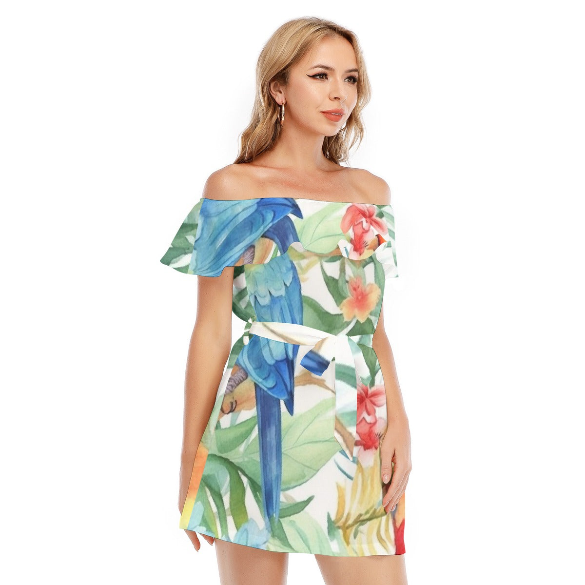 All-Over Print Women's Off-shoulder Dress With Ruffle
