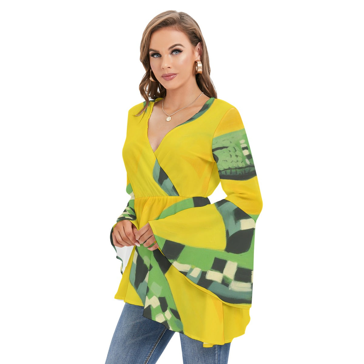 All-Over Print Women's V-neck Blouse With Flared Sleeves