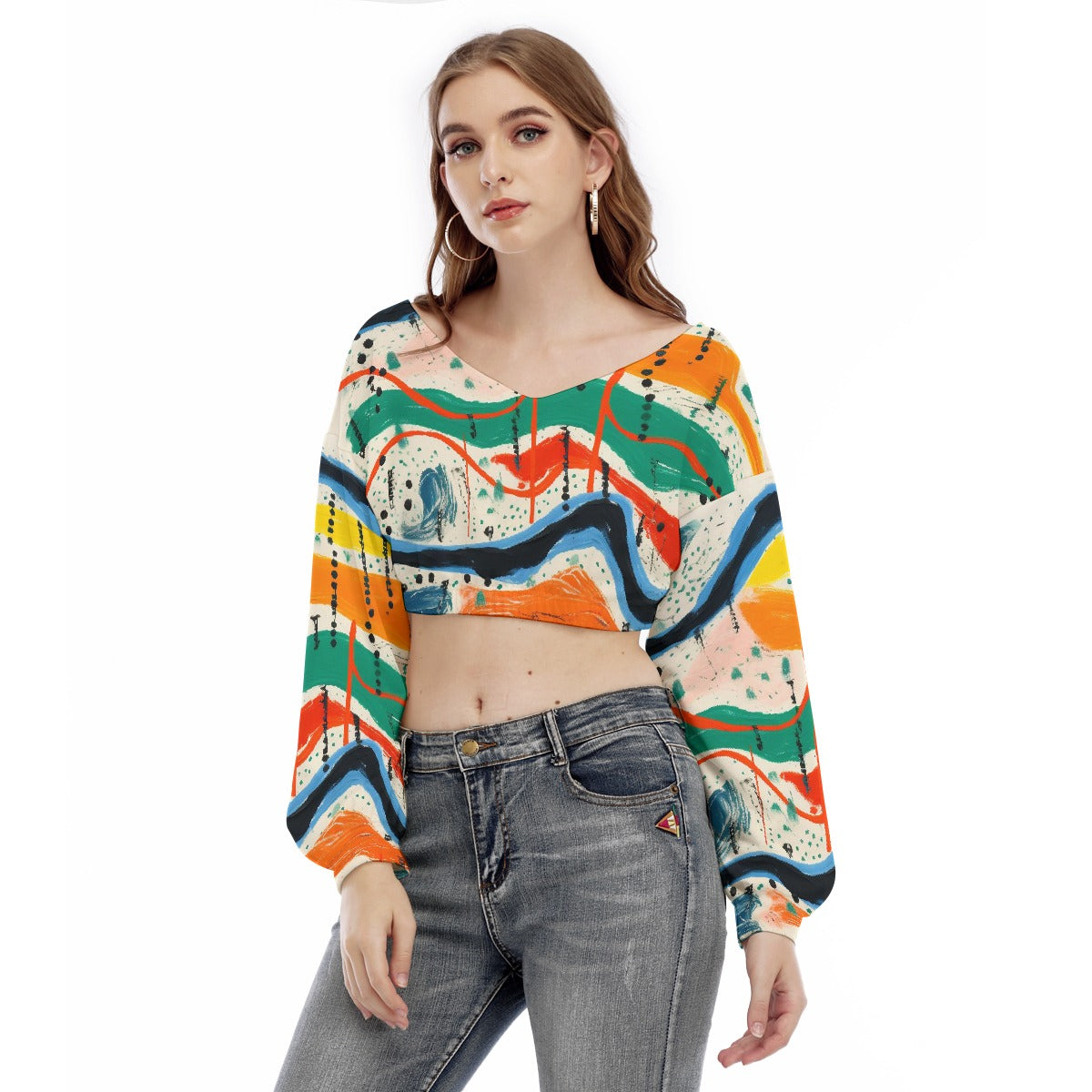 All-Over Print Women's V-neck Long Sleeve Cropped Sweatshirt