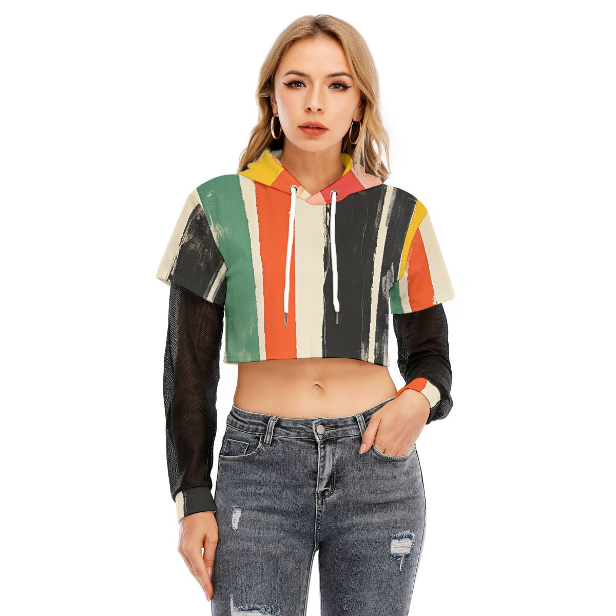 All-Over Print Women's Fake Two-piece Mesh Sleeve Cropped Hoodie