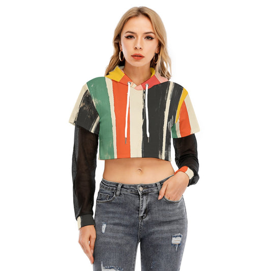 All-Over Print Women's Fake Two-piece Mesh Sleeve Cropped Hoodie