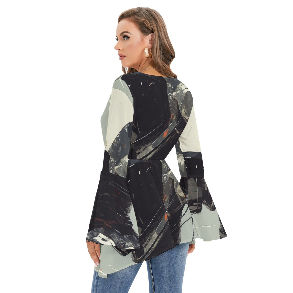 All-Over Print Women's V-neck Blouse With Flared Sleeves