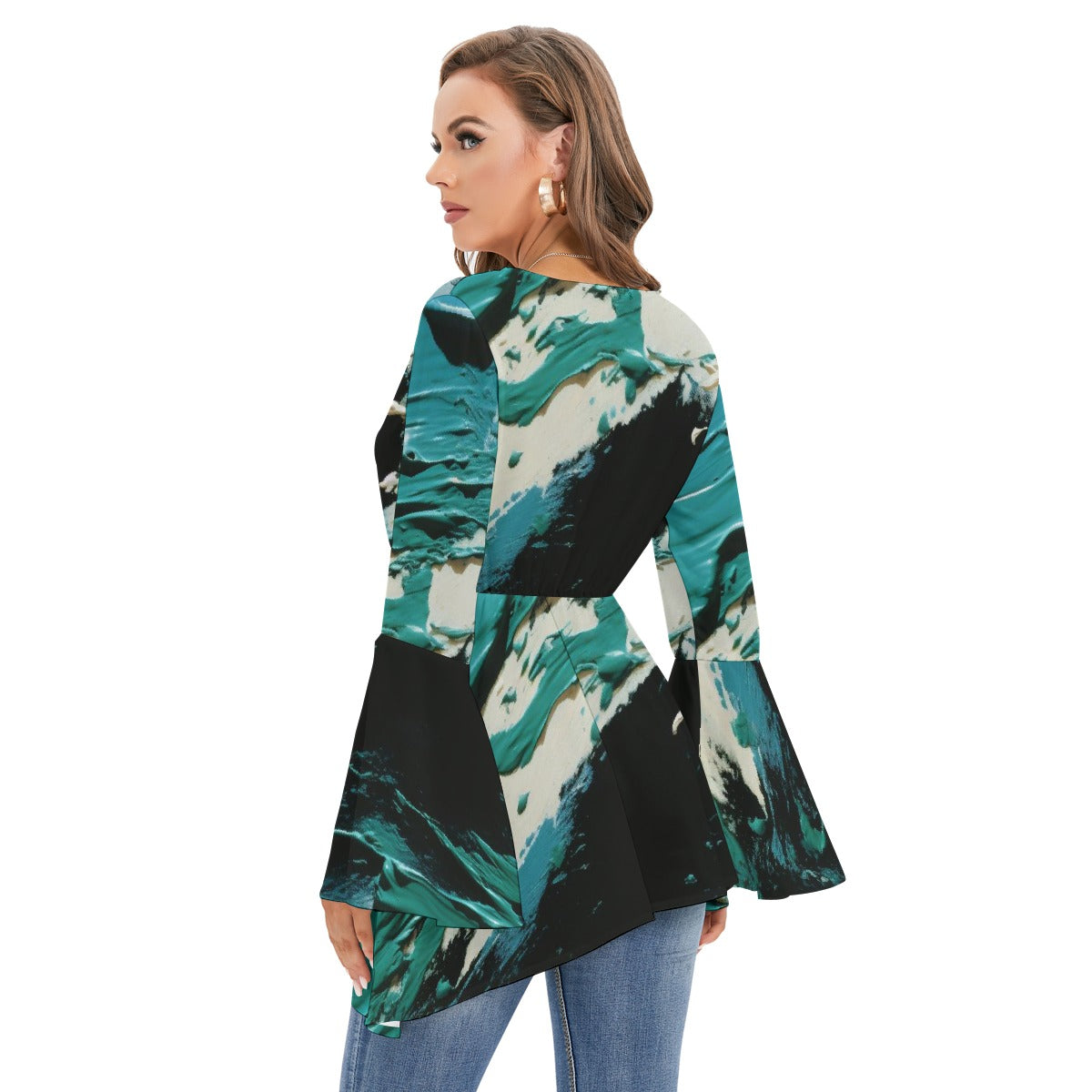 All-Over Print Women's V-neck Blouse With Flared Sleeves