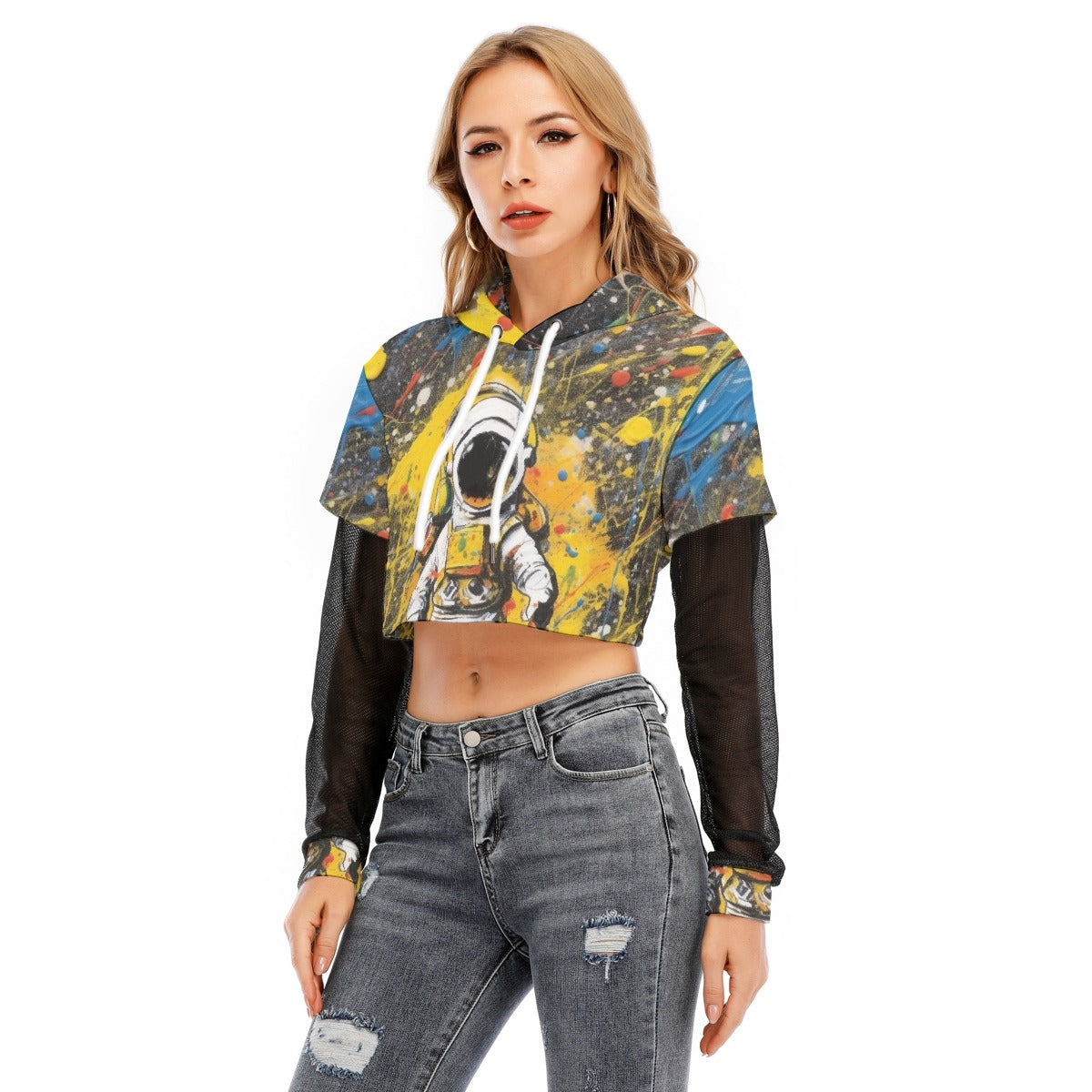 All-Over Print Women's Fake Two-piece Mesh Sleeve Cropped Hoodie