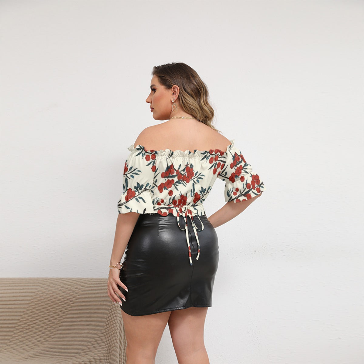 All-Over Print Women's Off-shoulder Cropped Top With Short Puff Sleeve