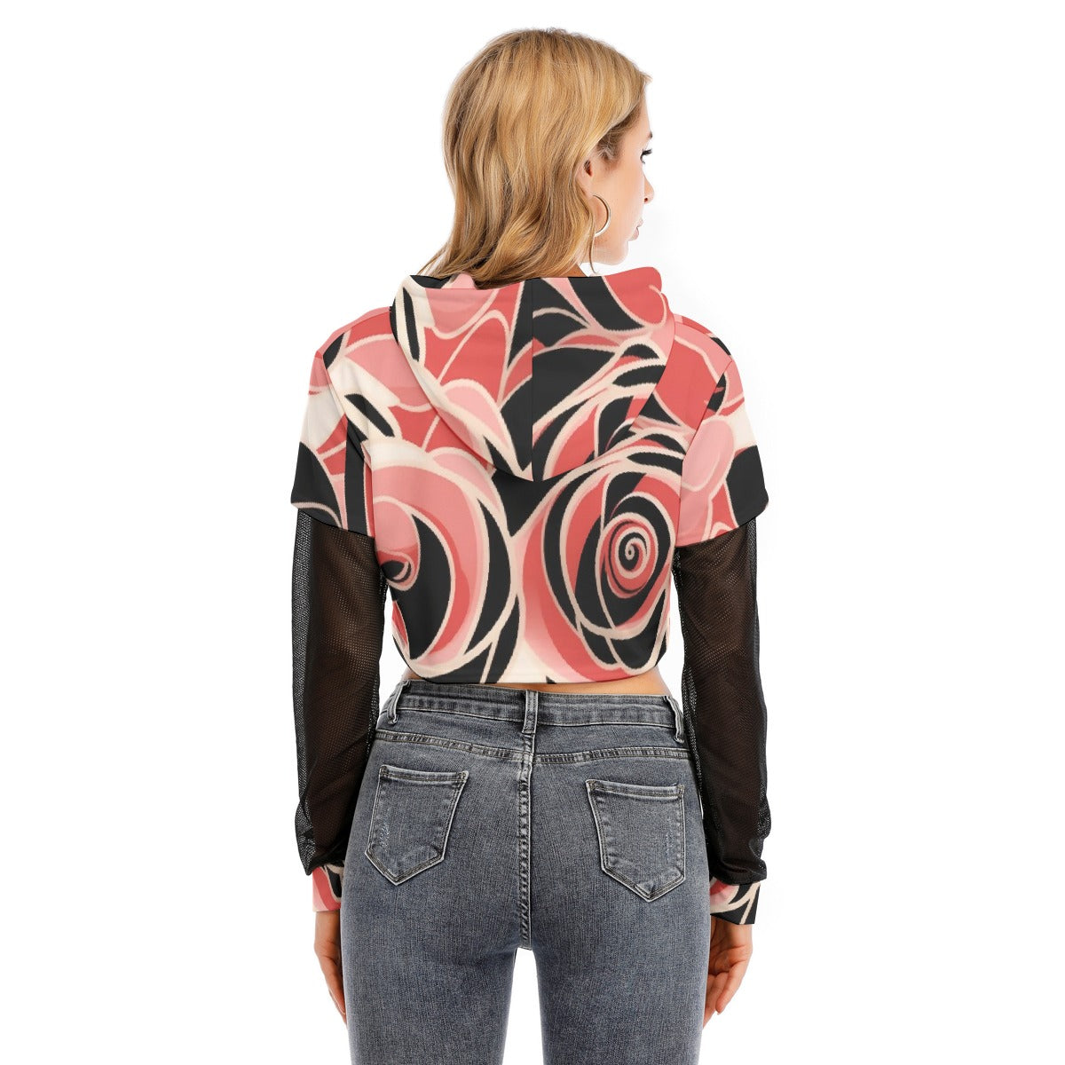 All-Over Print Women's Fake Two-piece Mesh Sleeve Cropped Hoodie