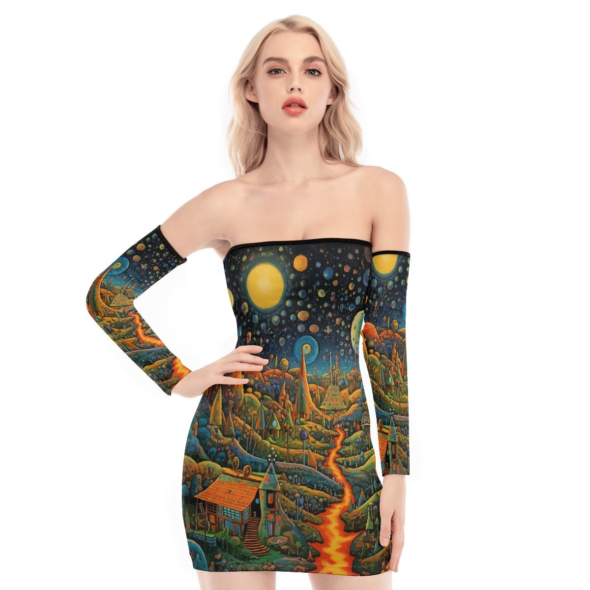 All-Over Print Women's Off-shoulder Back Lace-up Dress